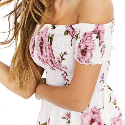 Sexy Printed A Word Shoulder Short Sleeve Dress