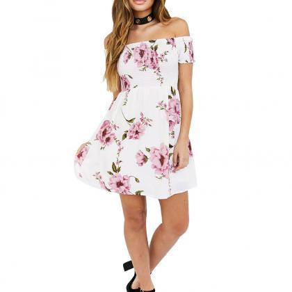 Sexy Printed A Word Shoulder Short Sleeve Dress