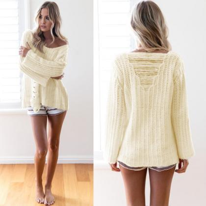 Fashion White Sweater Back Hollow Long Sleeve Top
