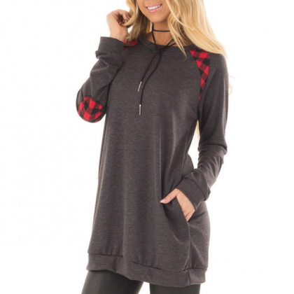 Round Neck Plaid Splicing Pocket Long-sleeved..