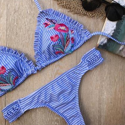 Swimsuit Summer Beach Swimwear Embroidery Stripes..