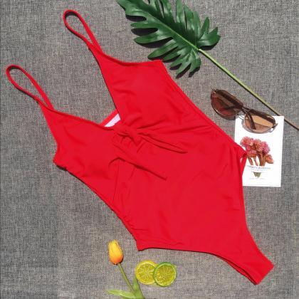 Bikini Solid Color Bow One Piece Swimsuit Lady..