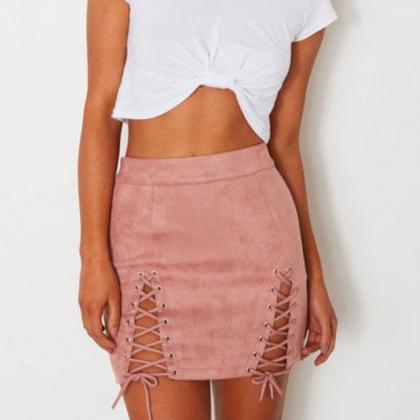 Sexy Fashion Suede Side Lace Up Type Hollow Skirt