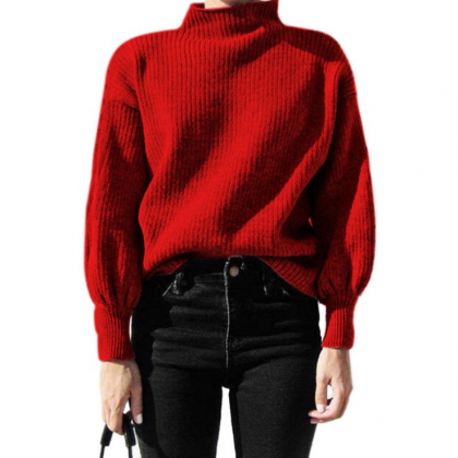 Solid Color Knit Long-sleeved High-necked Sweater