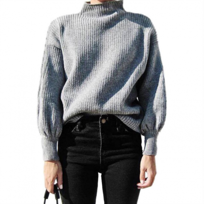 Solid Color Knit Long-sleeved High-necked Sweater