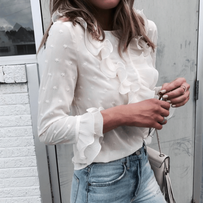 White Long-sleeved Round Neck Button Top