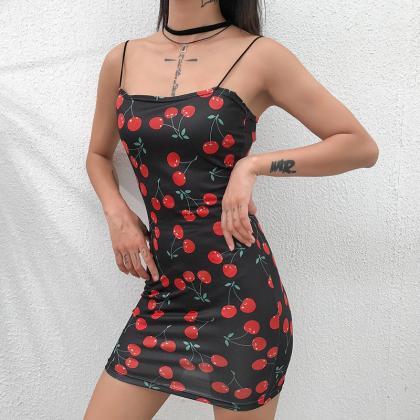 Sexy Cherry Print Sling Dress