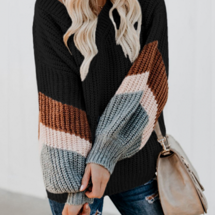 Striped V-neck Color Matching Knitted Sweaters