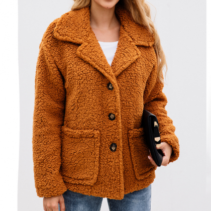 Solid Color Long Sleeve Button Pocket Coat