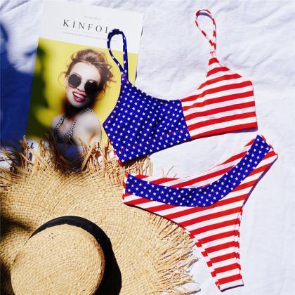 Sexy Flag Print Bikini Split Swimsu..