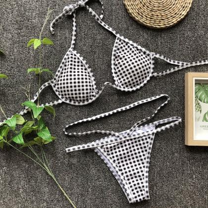 Gingham Print Halter Cut Out Bikini Sets