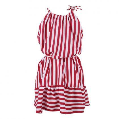 Red And White Stripes Halter Neck Short Casual..