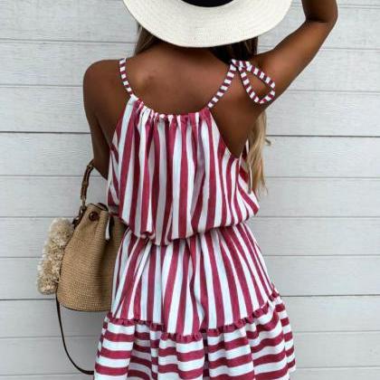 Red And White Stripes Halter Neck Short Casual..