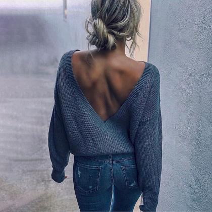 Long Sleeve Knit Open Back Solid Color Sweater
