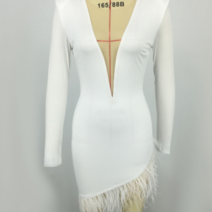 Solid Color White Splicing Deep V-neck Dress