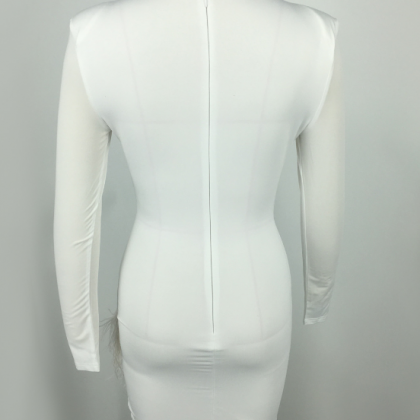 Solid Color White Splicing Deep V-neck Dress