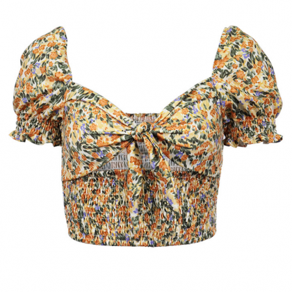 Ladies Floral V-Neck Bowknot Puff S..