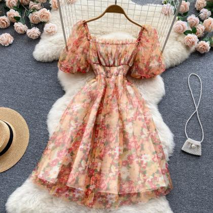 Sweet Chiffon Floral Short Sleeve High Waist Dress