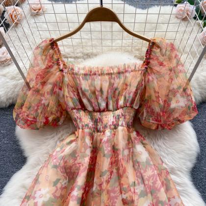 Sweet Chiffon Floral Short Sleeve High Waist Dress