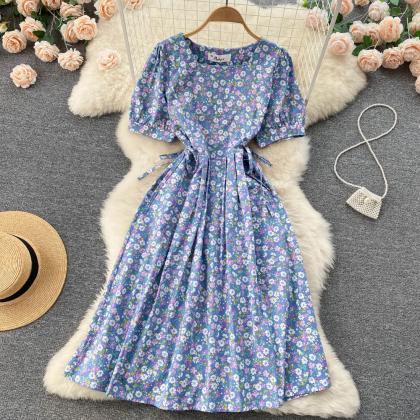 Sweet Temperament Bubble Short Sleeve Floral Dress