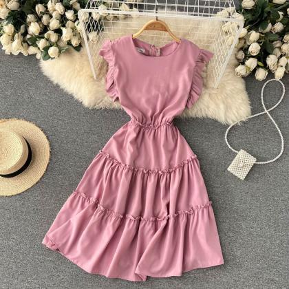 Solid Color Sweet Round Neck High W..