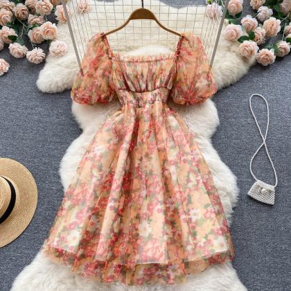Sweet Chiffon Floral High Waist Dress