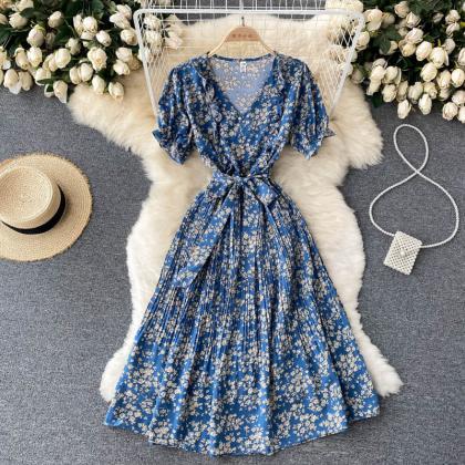 Sweet Slim Floral Short Sleeve High Waist Dress