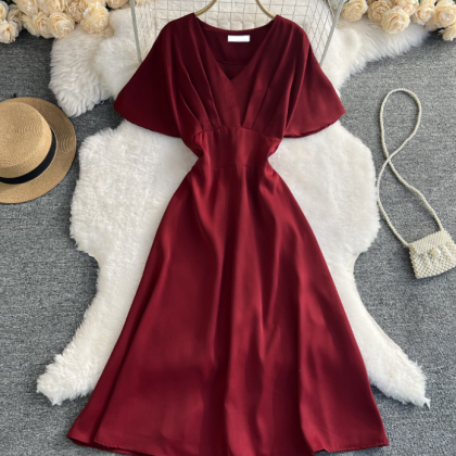 V-neck Solid Color Short-sleeved High-waist Dress