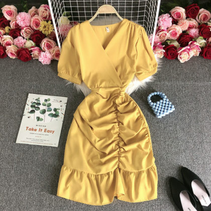 Solid Color V-neck High Waist Short Sleeve Dress
