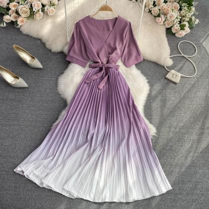 V-neck Elegant Short Sleeve High Waist Dress