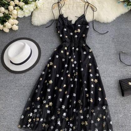 Black V Neck Tulle Lace With Stars Sequins Dress
