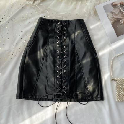 Black A Line Pu Leather Skirt
