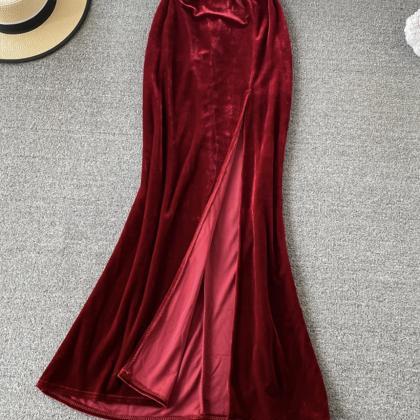 Burgundy Velvet Long Dress
