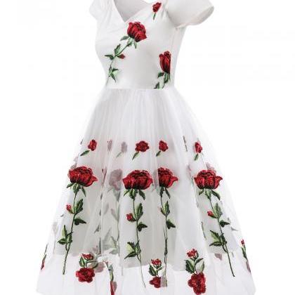 Elegant V-neck Short Sleeve Rose Lace Dress