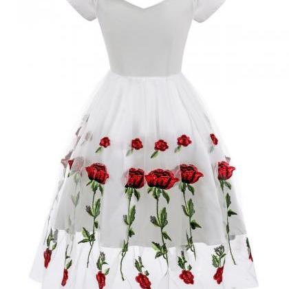 Elegant V-neck Short Sleeve Rose Lace Dress