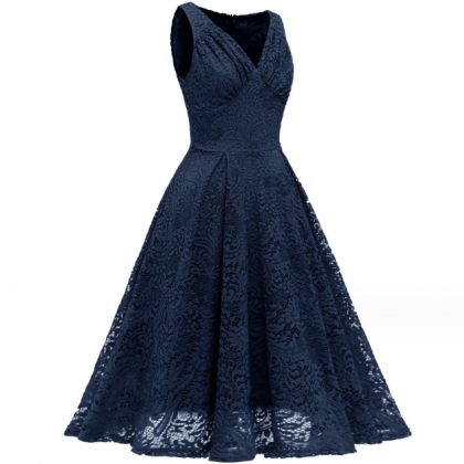 V-neck Solid Color Lace Sleeveless Dress