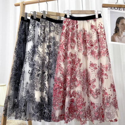 Embroidered Flower Sequin Mesh High Waisted Skirt