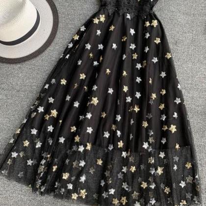 Black V-neck Tulle Lace With Stars Sequins Dress