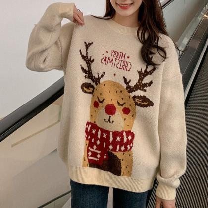 Loose Elk Long Sleeved Round Neck Knitted Sweater