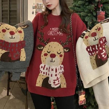 Loose Elk Long Sleeved Round Neck Knitted Sweater