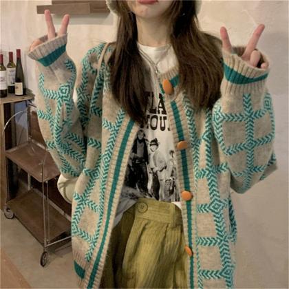 Loose Design Plaid Knit Cardigan Sweater Jacket