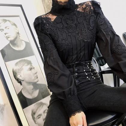 Elegant Lace Long Sleeve Chic Blouse In Black And..