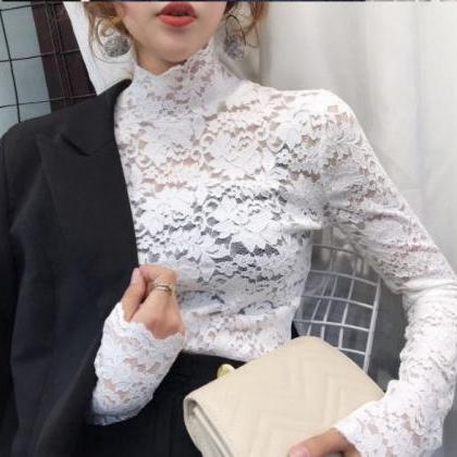 Elegant Long Sleeve Solid Lace Blouse