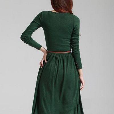 Vintage Style Front Button Long Sleeve Dress In..