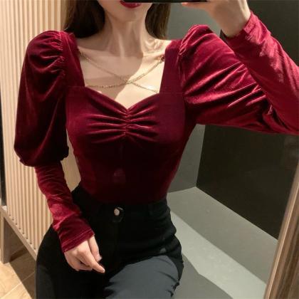 Sexy Long Sleeve Velvet Shirt Top