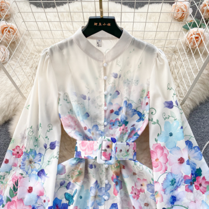 Design Printed Button Slim Bubble Sleeve Dress