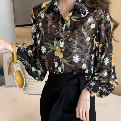Long Sleeved Chiffon Loose Embroidered Shirt Top