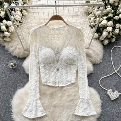 Lace Temperament V-neck Buckle Slim Fitting Long..