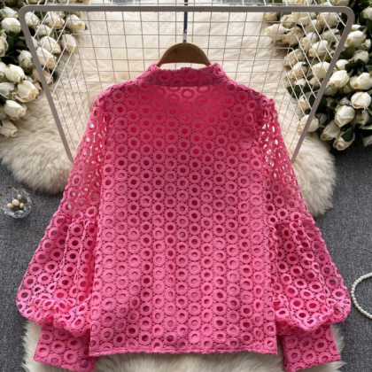 Lace Long Sleeved Solid Color Shirt Top