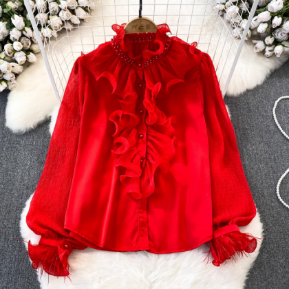 Sweet Solid Color Long Sleeved Spliced Chiffon..